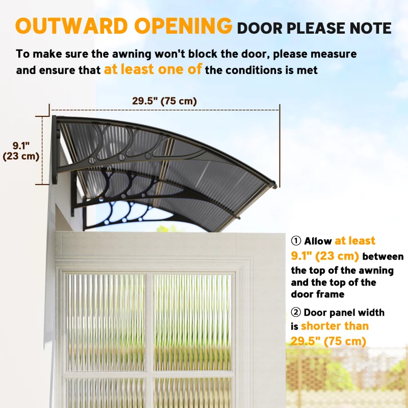 Outsunny Window Awning Door Canopy, 77.2" x 29.5" Modern Polycarbonate Cover with Solid Panel, Black
