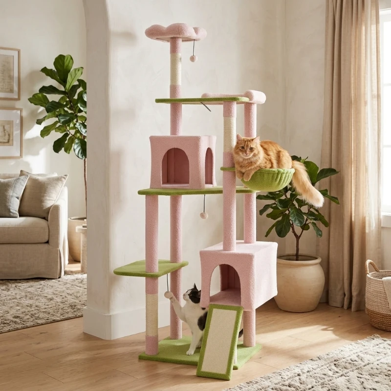 PawHut 74" Flower Cat Tree, Large Cat Tower with Scratching Post & Board for Indoor Cats, Pink