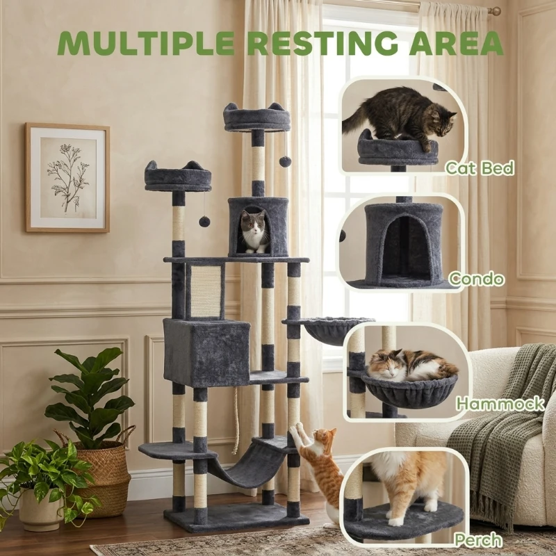 PawHut 81" Cat Tree w/ Cat Scratching Posts, Scratching Board, Condos, Beds, Hammocks, Toy Balls, Rope Cat Toy, Gray