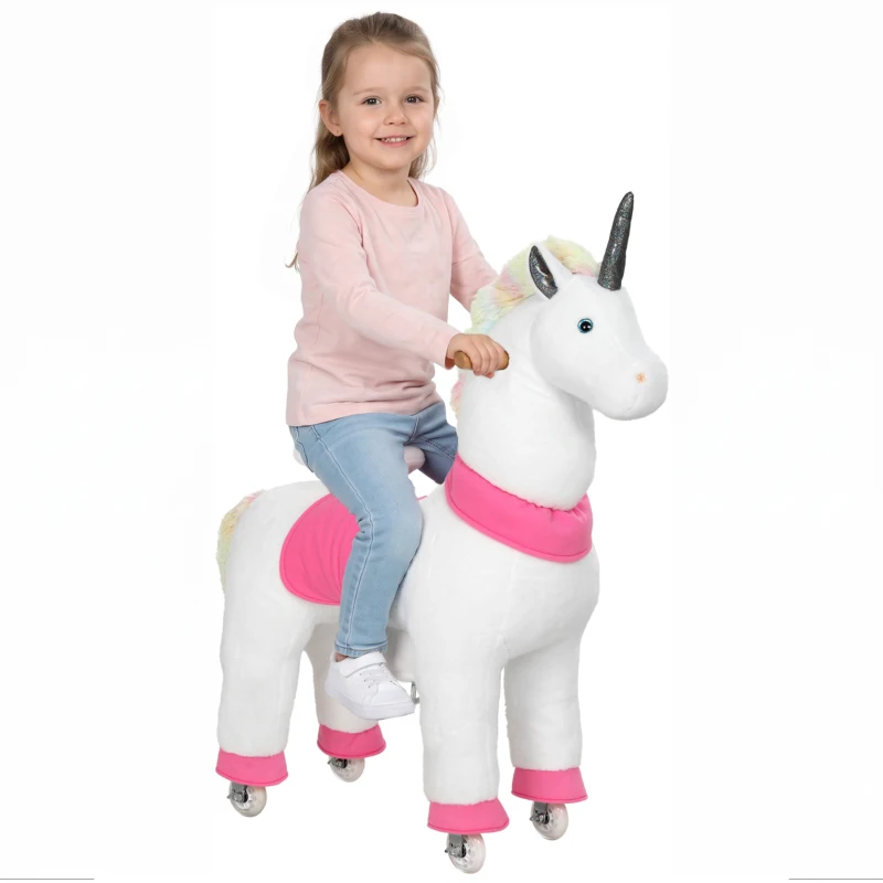 Qaba Unicorn Ride on Horse for Kids 4-12 Years, 37.4 Inch Height Plush Riding Pony with Rolling Wheels for Active Play, White