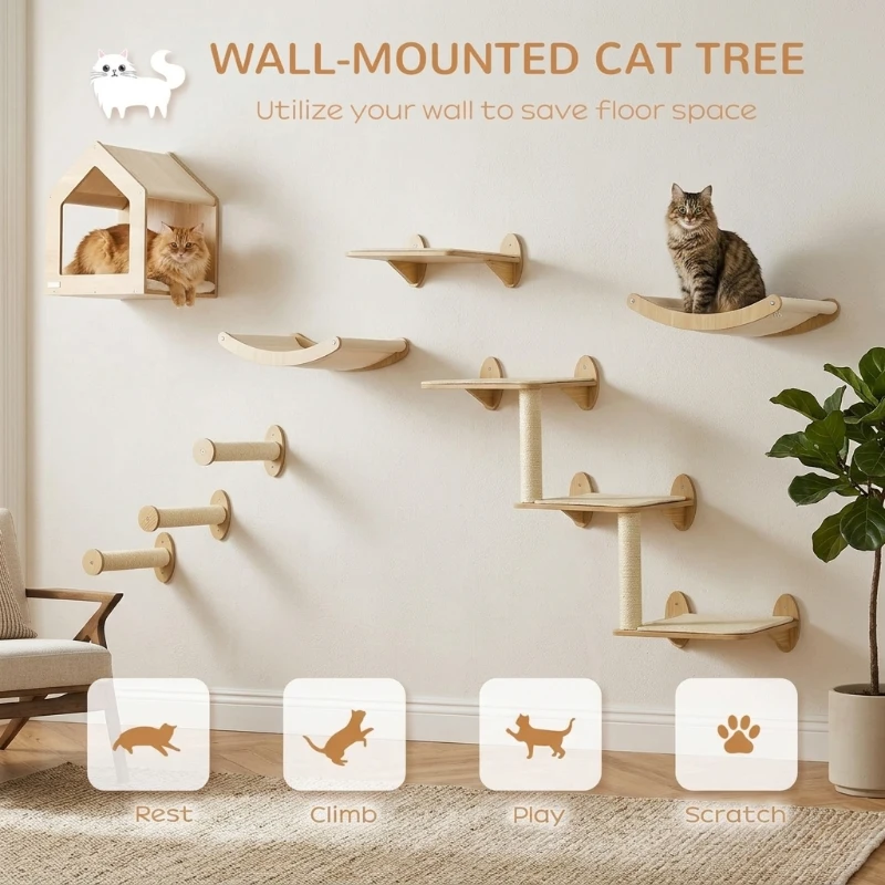 PawHut 8PCs Cat Wall Shelves Pet Wall-mounted Climbing Shelf Set with Cushion Condo Scratching Posts Hammock Oak
