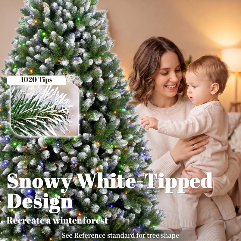HOMCOM 6ft Pre-lit Artificial Christmas Tree White-Tipped Hinged Full Xmas Tree with 1020 Tips