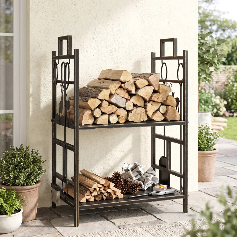 Outsunny 20.25" x 13" x 30.25" 2-Layer Heavy Duty Firewood Rack Wood Log Fireplace Stacker  w/ 4 Tools, Black and Gold