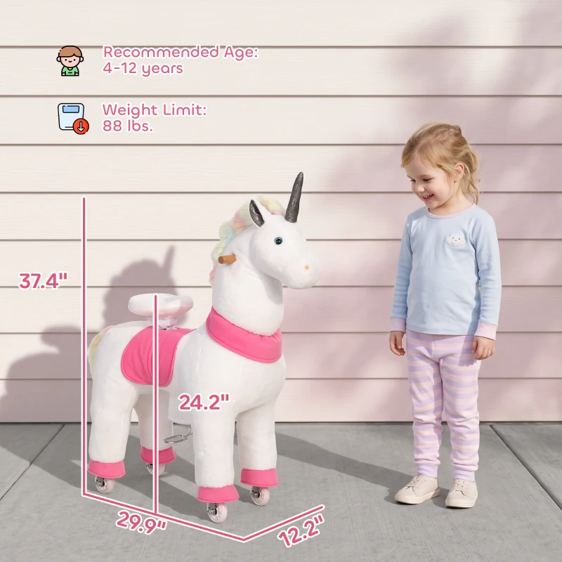 Qaba Unicorn Ride on Horse for Kids 4-12 Years, 37.4 Inch Height Plush Riding Pony with Rolling Wheels for Active Play, White