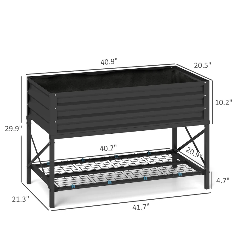Outsunny Galvanized Raised Garden Bed, Metal Planter Box with Legs, Storage Shelf and Bed Liner, Dark Gray