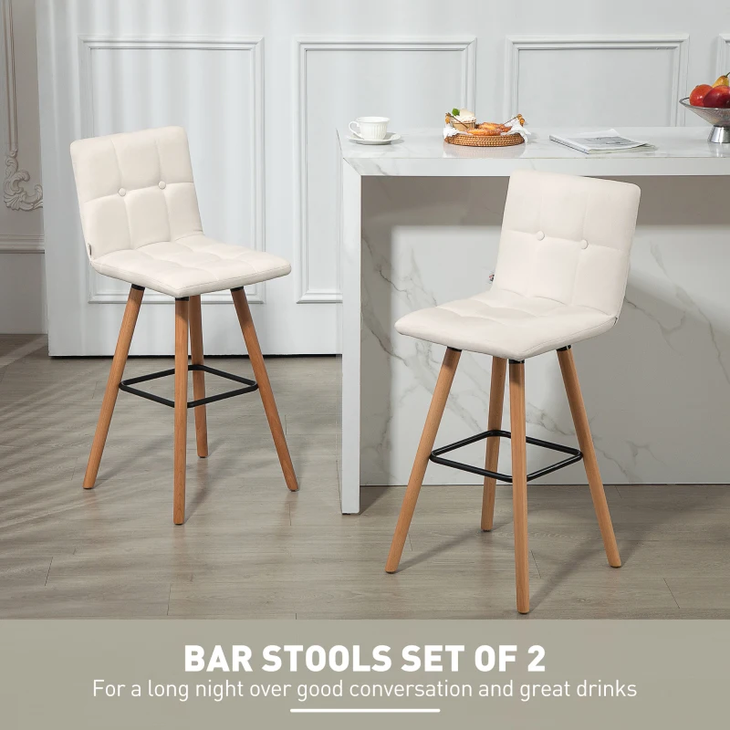 HOMCOM Modern Bar Stools Set of 2, 38" Upholstered Kitchen Island Stool with Solid Wood Legs, White