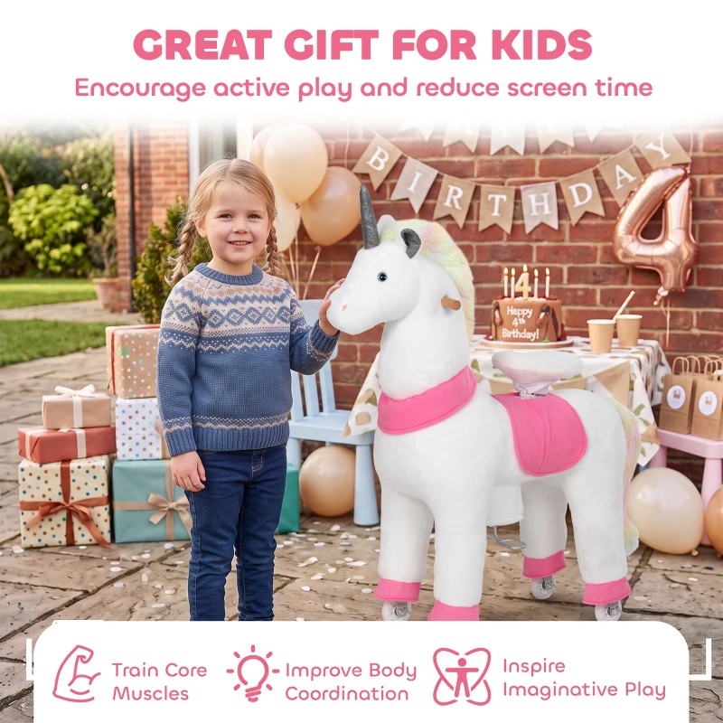 Qaba Unicorn Ride on Horse for Kids 4-12 Years, 37.4 Inch Height Plush Riding Pony with Rolling Wheels for Active Play, White