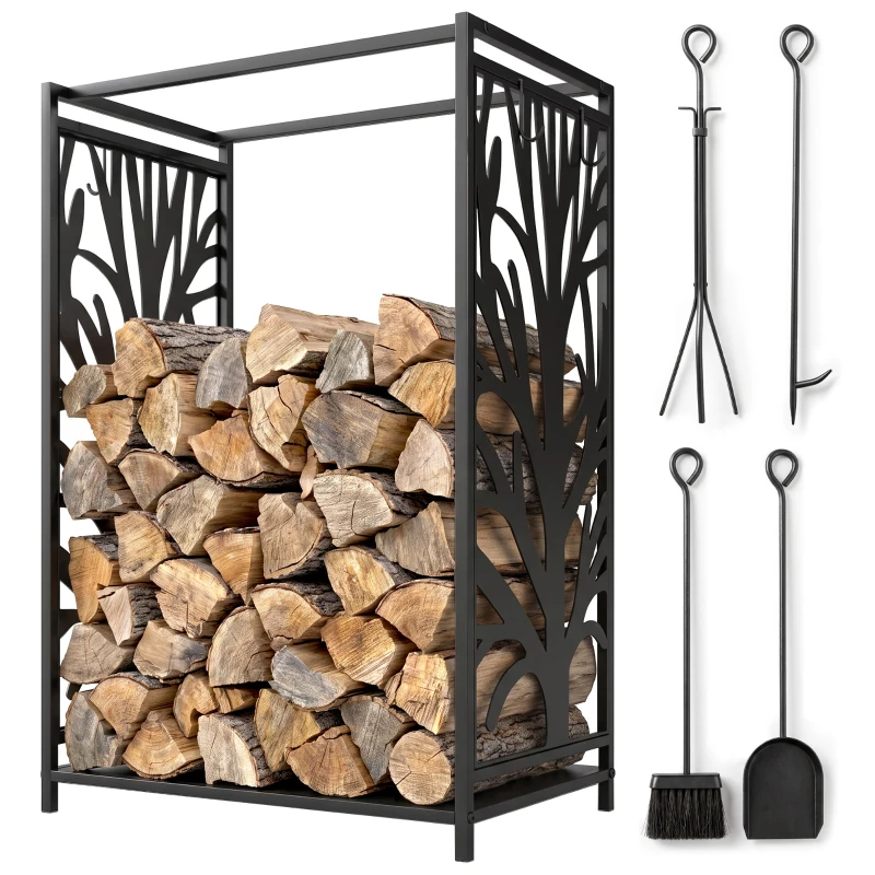 HOMCOM 18.1" x 11.8" x 27.6" Firewood Rack with 4 Tools, Log Holder for Fireplace, Outdoor Indoor Wood Storage Stacker, Black