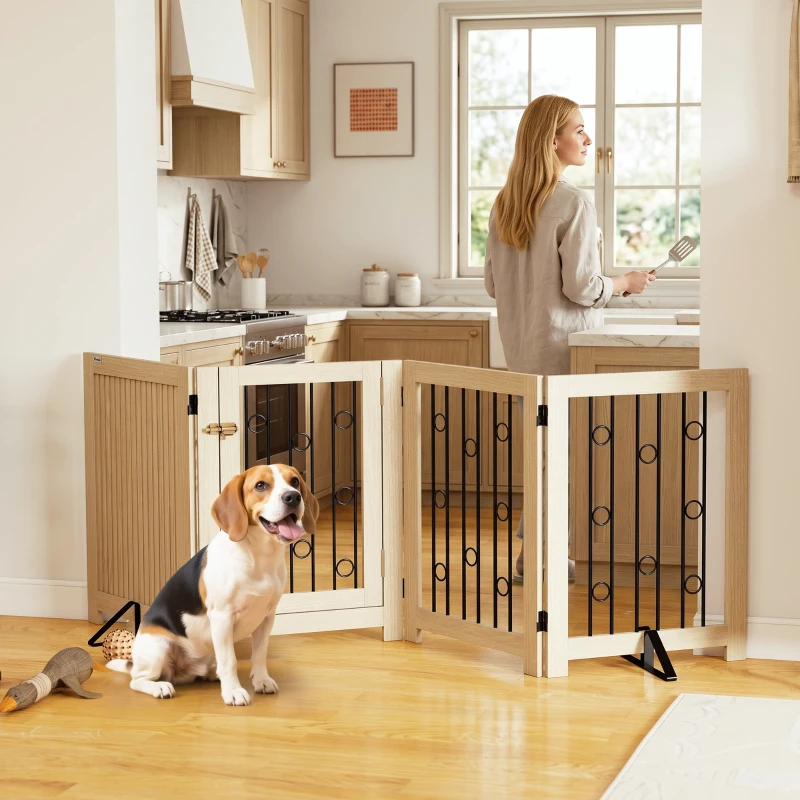 PawHut reestanding Dog Gate, Wooden Foldable Pet Gate with 4 Panels, Walk-Through Door, Support Feet, Non-Slip Mats
