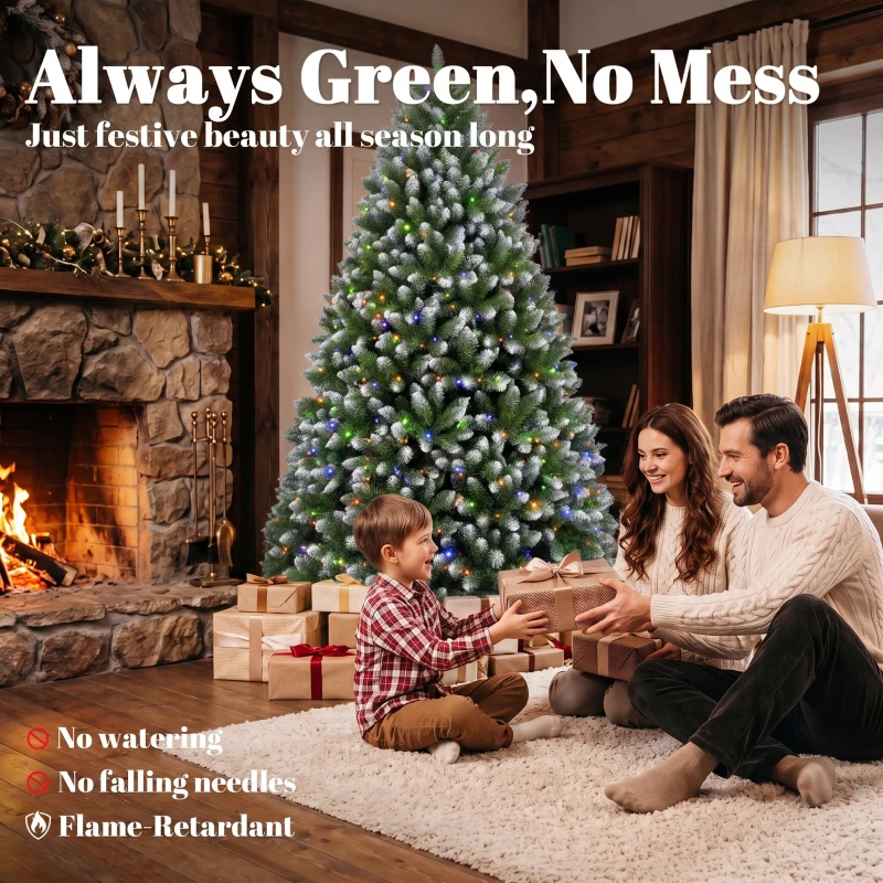 HOMCOM 6ft Pre-lit Artificial Christmas Tree White-Tipped Hinged Full Xmas Tree with 1020 Tips
