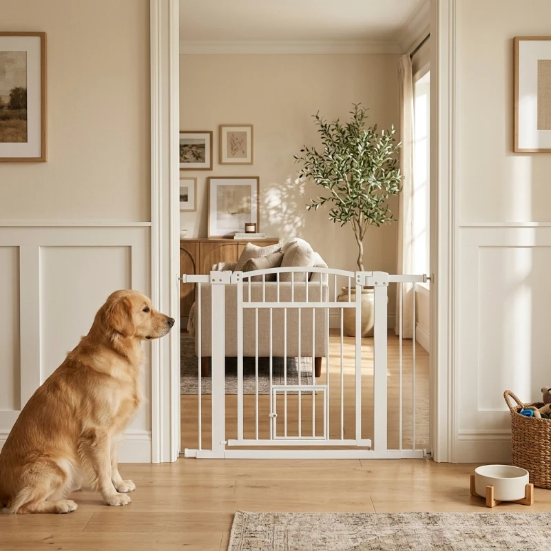 PawHut 30"-41" Extra Wide Walk Through Dog Gate w/ Cat Door, 3-Inch & 5.5-Inch Extension Kits, 30" High