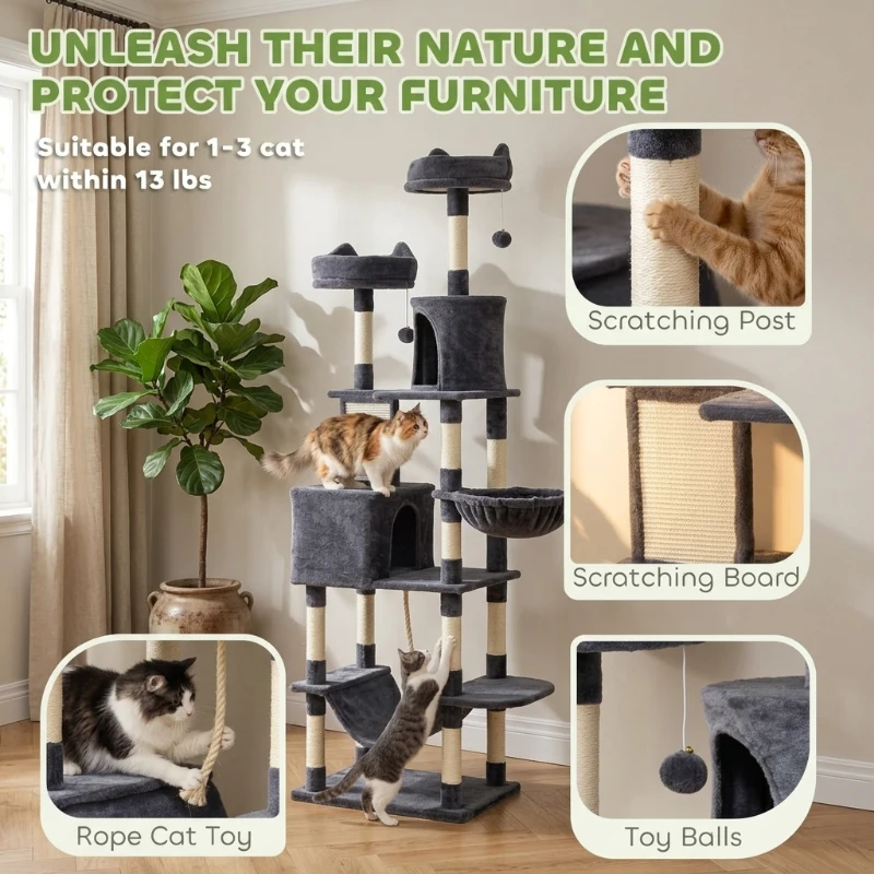 PawHut 81" Cat Tree w/ Cat Scratching Posts, Scratching Board, Condos, Beds, Hammocks, Toy Balls, Rope Cat Toy, Gray
