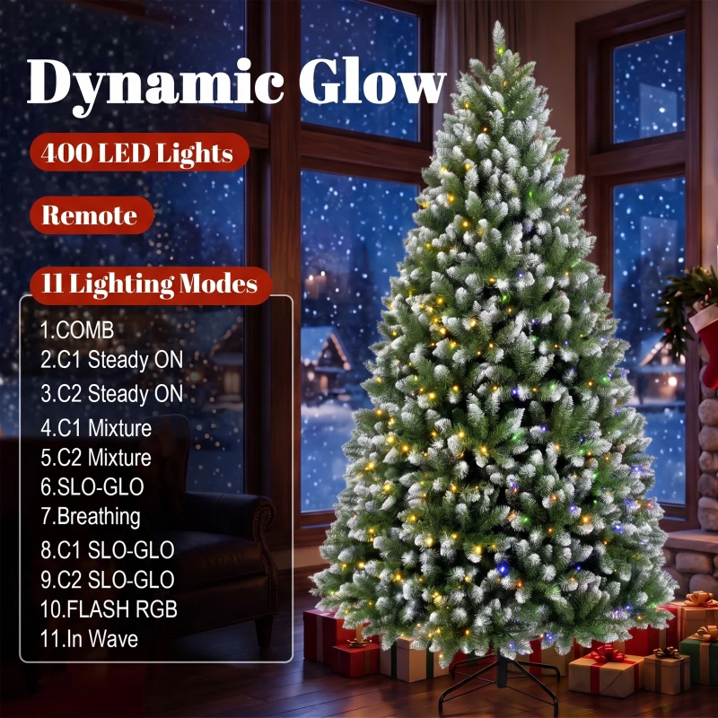 HOMCOM 7.5ft Pre-lit Artificial Christmas Tree White-Tipped Hinged Full Xmas Tree with 1378 Tips