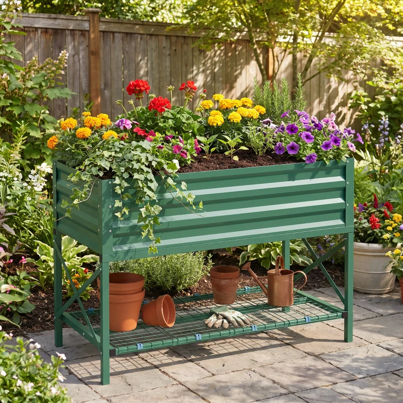 Outsunny Galvanized Raised Garden Bed, Metal Planter Box with Legs, Storage Shelf and Bed Liner, Green