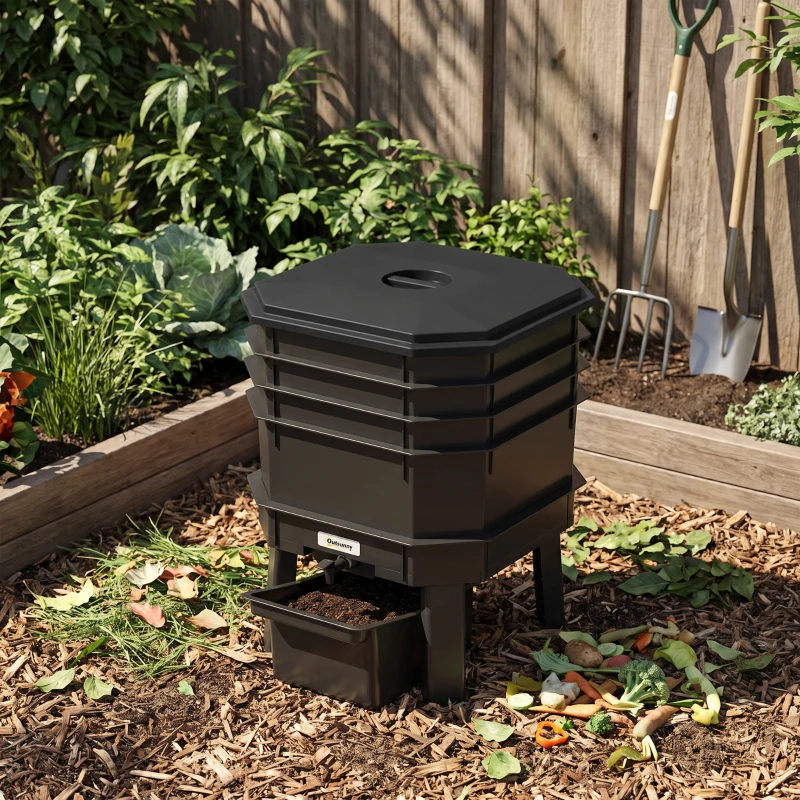 Outsunny 4-Tray Worm Composter Bin, 7.4 Gal Outdoor & Indoor Worm Composter for Recycling Food Waste, Black