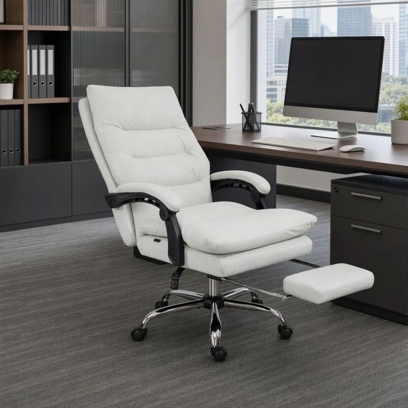 Vinsetto Executive Office Chair with 6-Point Massag, Microfibre Reclining Computer Chair with Footrest, Cream White