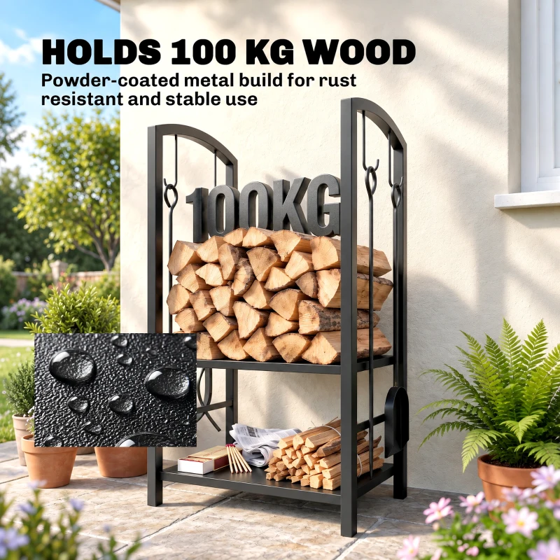 Outsunny 2-Tier Firewood Log Rack with 4 Tools, Fireplace Wood Storage Holder with Shovel, Broom, Poker, Tongs and Hooks, Black
