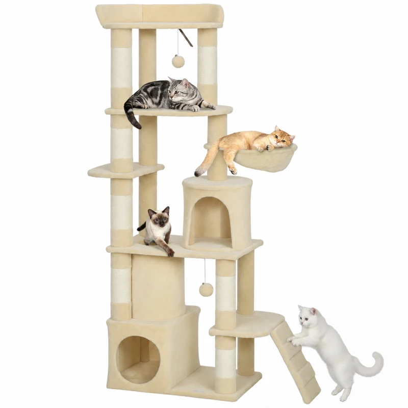 PawHut 67" Large Cat Tree with 7 Scratching Posts, Tunnel, 2 Condos, Hammock, Perch, Ramp, Pompoms, Beige