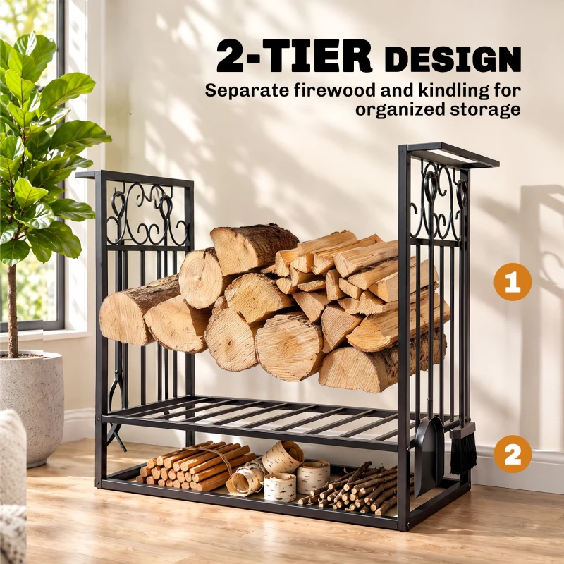 HOMCOM 29.5" x 11.75" x 23.5" Heavy Duty Firewood Wood Log Rack Vintage Design Firewood Storage Shelf w/ 4 Tools, Black