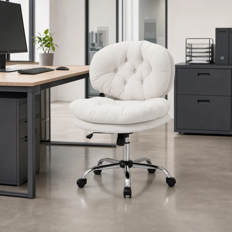 HOMCOM Computer Desk Chair, Armless Office Chair with Wide Padded Seat and Adjustable Height, Cream White