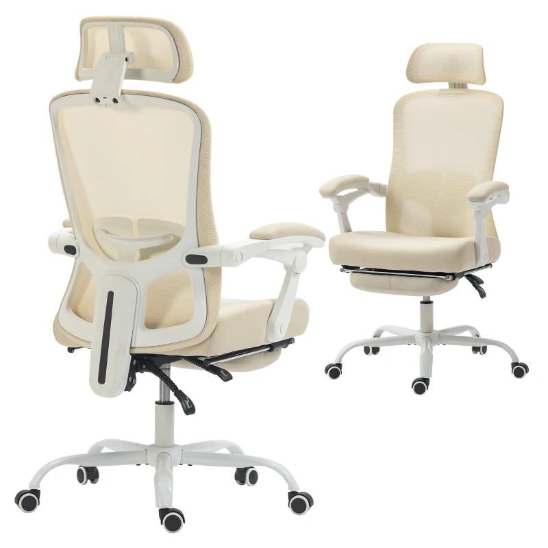HOMCOM Ergonomic Office Chair, Mesh Reclining Desk Chair with Adjustable Lumbar Support, Headrest, Beige