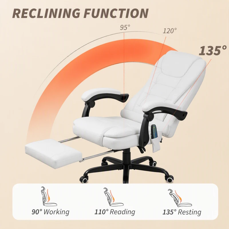 Vinsetto 7-Point Vibrating Massage Chair, Reclining Office Chair with Footrest, Reclining Back, Adjustable Height, White