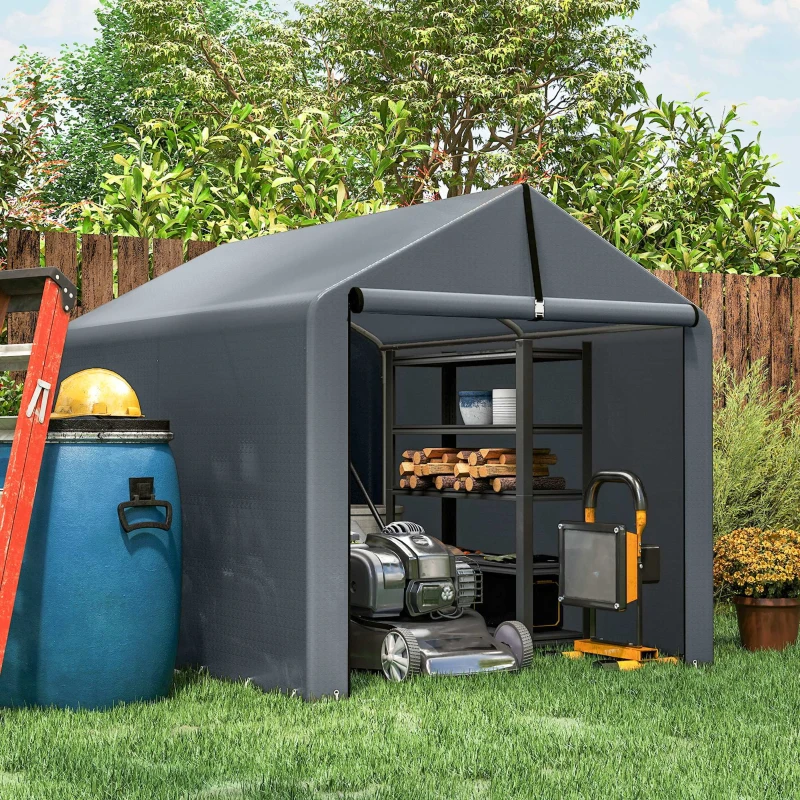 Outsunny 7'x5' Portable Shed, Outdoor Storage Shed with Roll-up Zipper Door, Galvanized Metal Frame for Garden Tools, Dark Grey