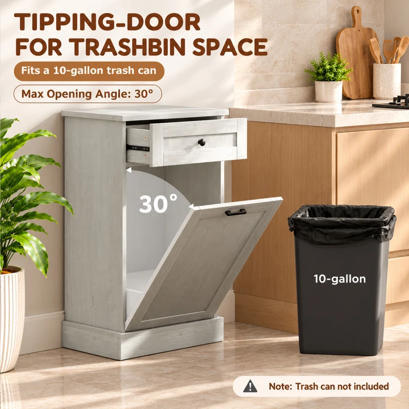 HOMCOM Kitchen Tilt Out Trash Bin Cabinet Free Standing Storage Cabinet with Drawer, Light Gray