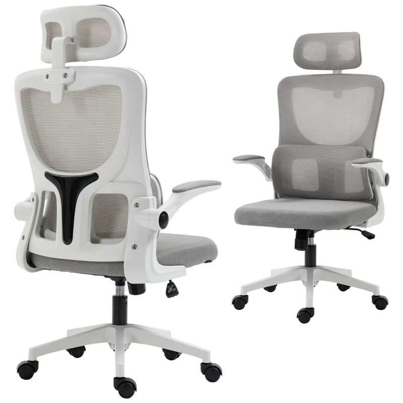 Vinsetto Ergonomic Office Chair, Mesh Computer Desk Chair with Adjustable Headrest, 4D Lumbar Support, Flip-up Arm, Grey