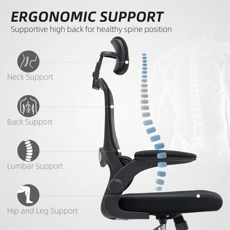 HOMCOM Ergonomic Mesh Office Chair, High Back Desk Chair with Rotatable Headrest, Flip-Up Armrests, Lumbar Support, Black