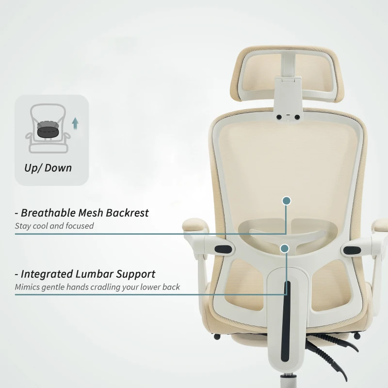 HOMCOM Ergonomic Office Chair, Mesh Reclining Desk Chair with Adjustable Lumbar Support, Headrest, Beige