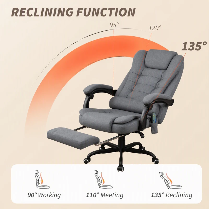 Vinsetto 7-Point Vibrating Massage Chair, Reclining Office Chair with Footrest, Reclining Back, Adjustable Height, Grey