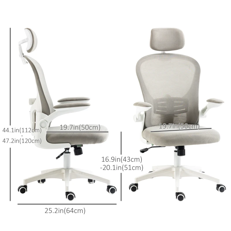 Vinsetto Office Chair, Mesh Computer Desk Chair with Adjustable Headrest, 4D Lumbar Support, Flip-up Arm, Grey
