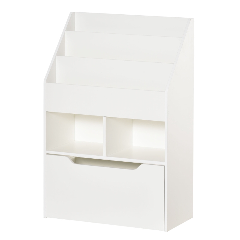 HOMCOM Kids Bookshelf Bookcase, Montessori-Inspired 4 Tier Large Capacity Rack Organizer with Moveable Drawer for Books, White