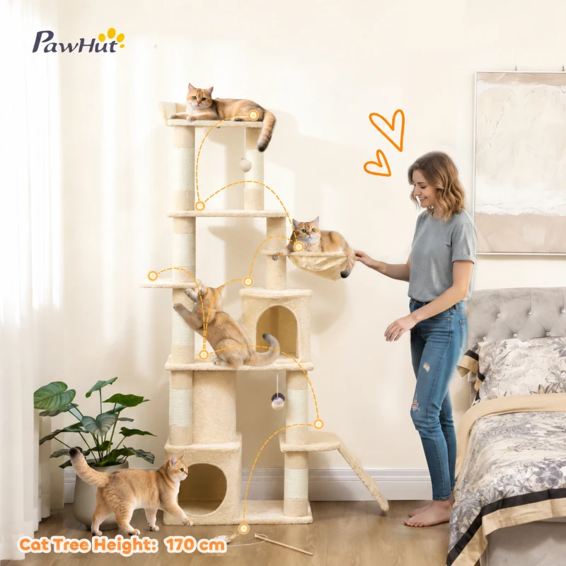PawHut 67" Large Cat Tree with 7 Scratching Posts, Tunnel, 2 Condos, Hammock, Perch, Ramp, Pompoms, Beige