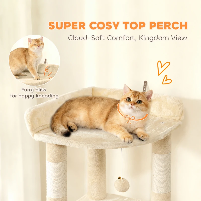 PawHut 67" Large Cat Tree with 7 Scratching Posts, Tunnel, 2 Condos, Hammock, Perch, Ramp, Pompoms, Beige