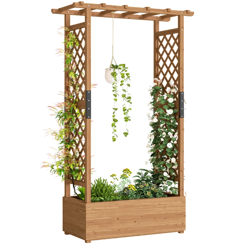Outsunny Raised Garden Bed with Trellis, Wooden Raised Planter Box with Hanging Roof and 2 Drainage Holes, Orange