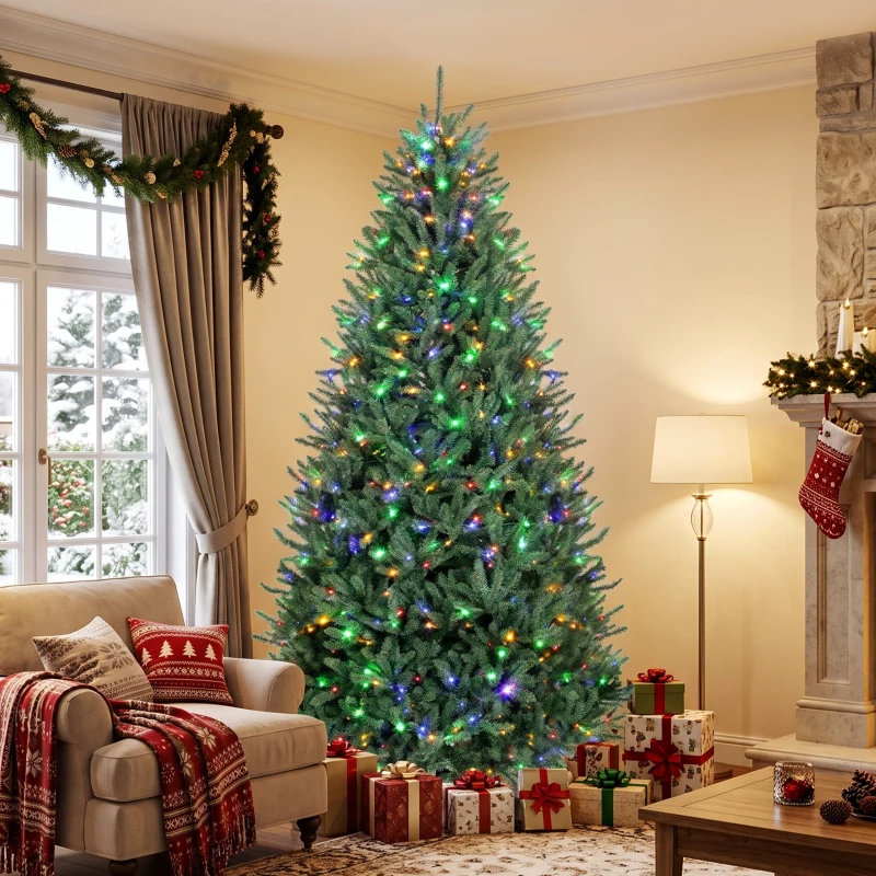 HOMCOM 9ft Prelit Christmas Tree, Colorado Blue Spruce, Easy Plug, Hinged Xmas Tree with Warm White & Multi-Color LED Lights