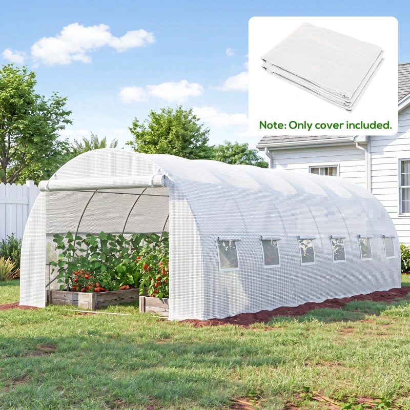 Outsunny 19.7' x 9.8' x 6.6' Plastic Greenhouse Cover Replacement, Heavy Duty Waterproof Tarp for Hoop House, Sheeting with 12 Windows, Door & Reinforcement Grid, White(m-9)