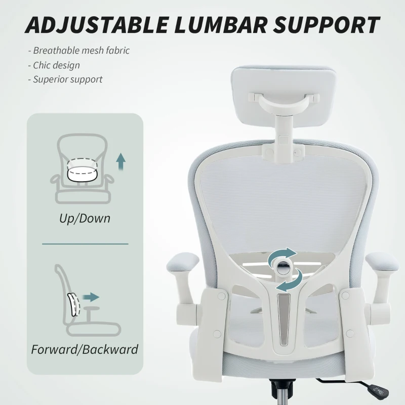 Vinsetto Office Chair, Mesh Computer Desk Chair with Adjustable Headrest, 4D Lumbar Support, Flip-up Arm, White
