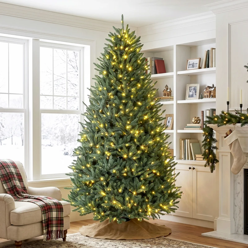 HOMCOM 9ft Prelit Christmas Tree, Colorado Blue Spruce, Easy Plug, Hinged Xmas Tree with Warm White & Multi-Color LED Lights