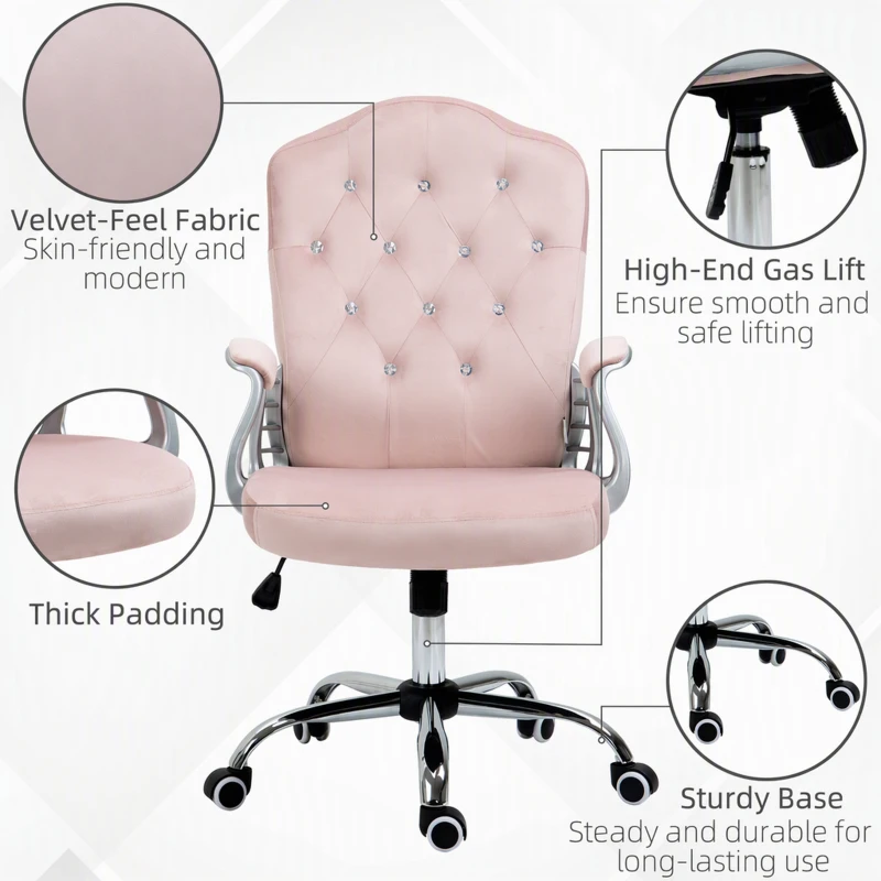 Vinsetto Office Chair, Velvet Computer Chair, Button Tufted Desk Chair with Swivel Wheels, Adjustable Height, Tilt Function, Pink