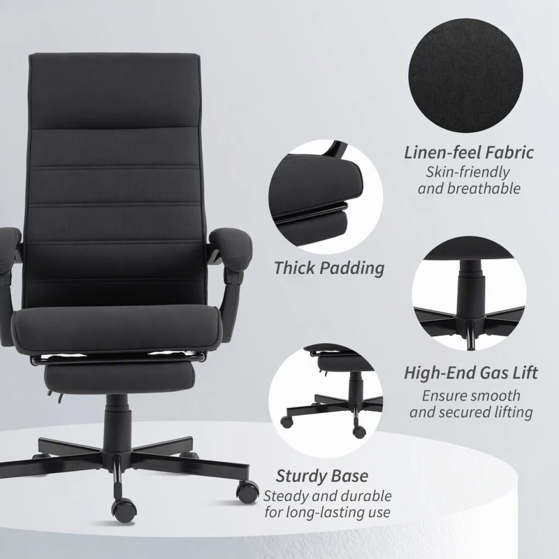 Vinsetto Office Chair, High Back Desk Chair, Swivel Recliner with Adjustable Height, Footrest and Padded Armrest, Black