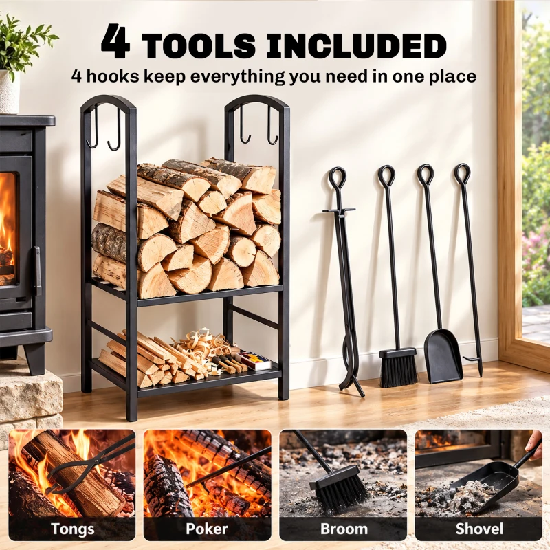 Outsunny 2-Tier Firewood Log Rack with 4 Tools, Fireplace Wood Storage Holder with Shovel, Broom, Poker, Tongs and Hooks, Black