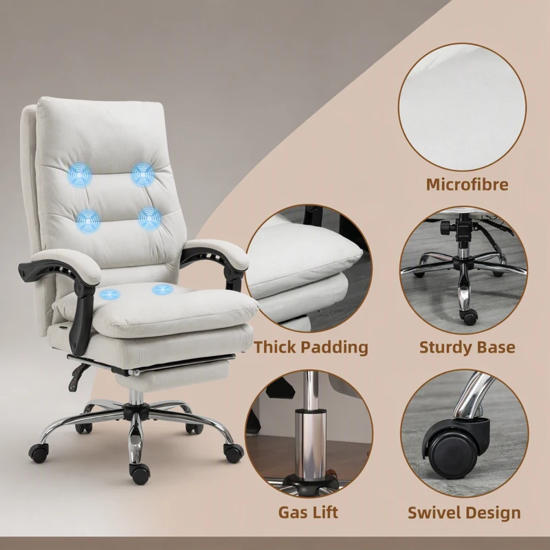 Vinsetto Executive Office Chair with 6-Point Massag, Microfibre Reclining Computer Chair with Footrest, Cream White
