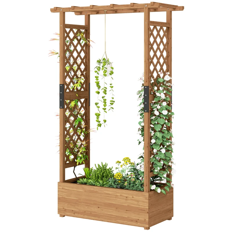 Outsunny Raised Garden Bed with Trellis, Wooden Raised Planter Box with Hanging Roof and 2 Drainage Holes, Orange