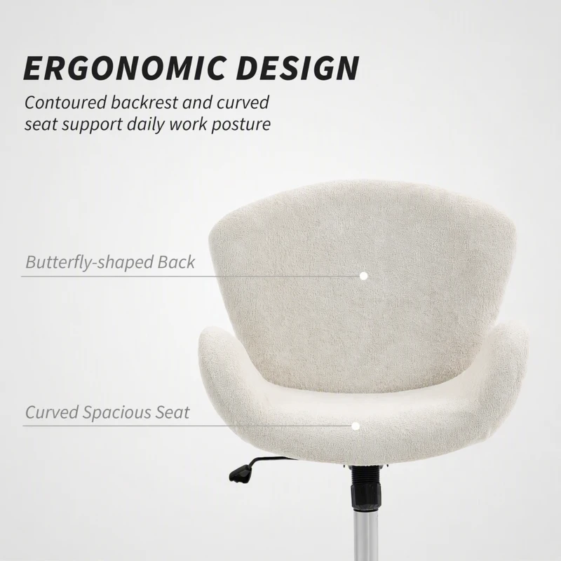 HOMCOM Swivel Office Chair, Velvet Desk Chair with Wide Bucket Seat, Butterfly Back, Tilt Function and Round Base, Cream White