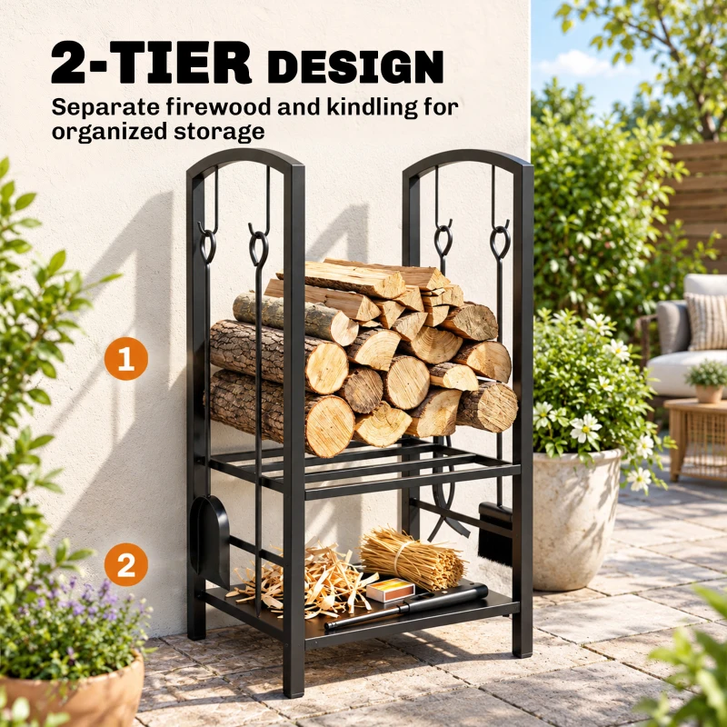 Outsunny 2-Tier Firewood Log Rack with 4 Tools, Fireplace Wood Storage Holder with Shovel, Broom, Poker, Tongs and Hooks, Black