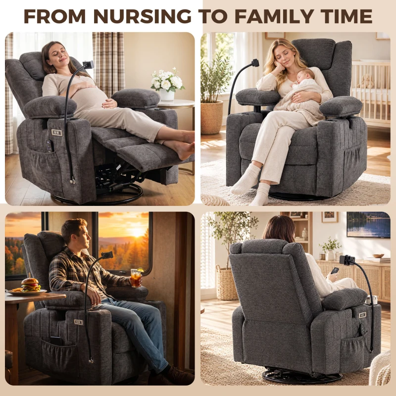 HOMCOM Swivel Rocker Power Recliner Chair with Massage Heat 2D Armrests Adjustable Headrest Phone Holder USB Port, Dark Gray