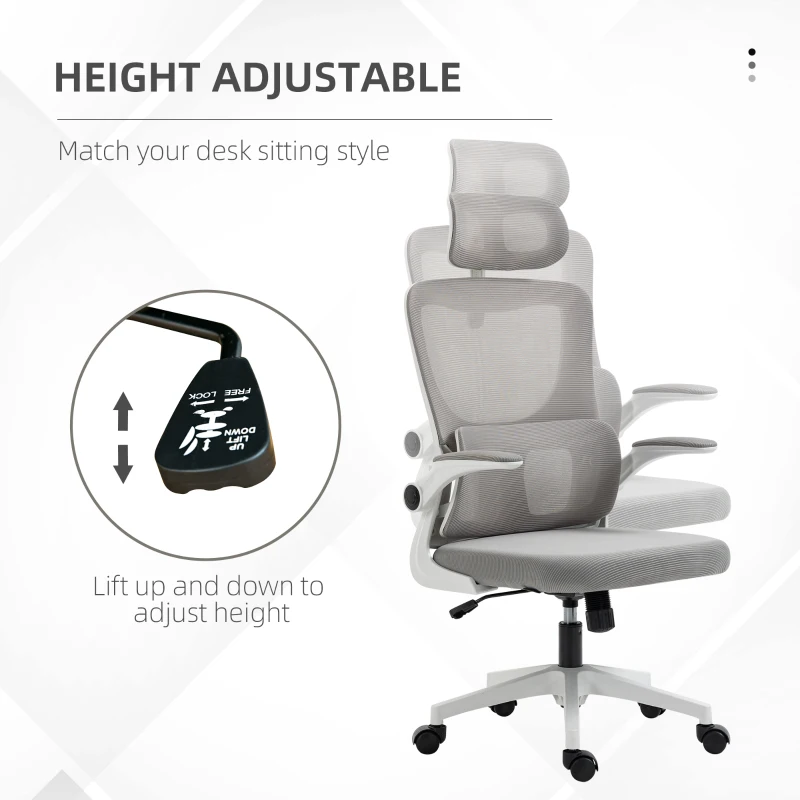 Vinsetto Ergonomic Office Chair, Mesh Computer Desk Chair with Adjustable Headrest, 4D Lumbar Support, Flip-up Arm, Grey